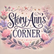 Whimsical and girly logo design for 'Story Ann's Corner,' featuring elegant handwritten-style text surrounded by pastel-colored flowers, hearts, and stars. The soft pink, lavender, and gold palette create a cheerful, feminine aesthetic with a subtle watercolor background.